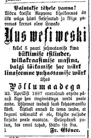 Kuulutus Postimehes 1886. a. 3.detsember